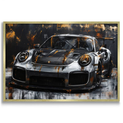 stampa su tela con cornice oro porsche 911 gt3 rs oro nera argento su sfondo bianco